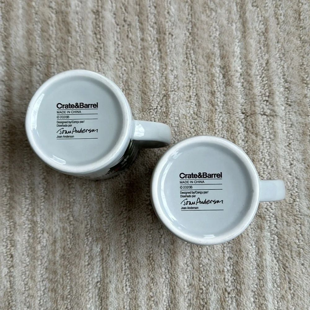2 Crate & Barrel-Joan Anderson-Jolly Trio Child's Mug Christmas Trees/Rabbit/Fox